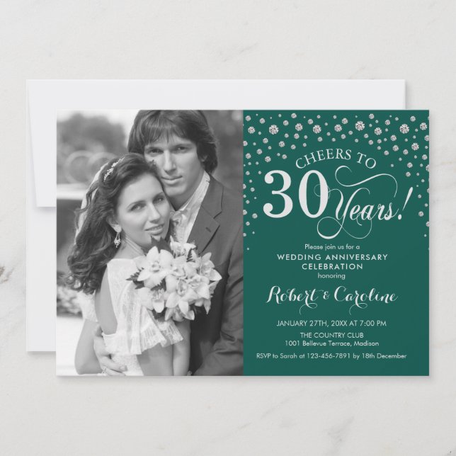 30th Wedding Anniversary with Photo - Green Silver Invitation (Front)