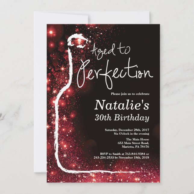 30th Wine Birthday Aged to Perfection Red Glitter Invitation (Front)