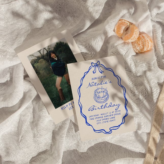 30thBlue Bow Hand Drawn Coquette Birthday Photo Invitation (Creator Uploaded)