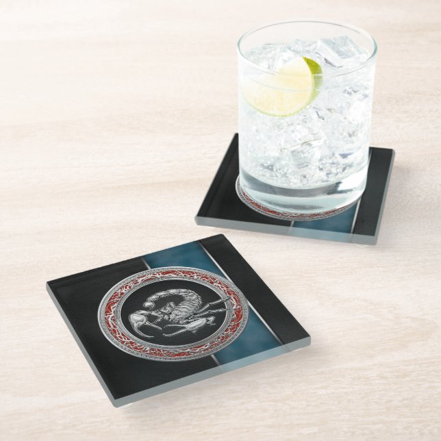 [310] Sacred Silver Scorpion on Black Glass Coaster (Angled)