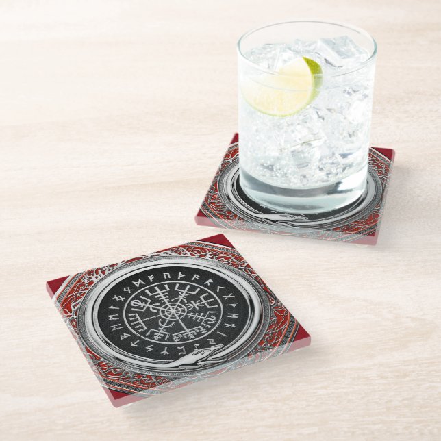 [310] Vegvisir - Viking Silver Magic Runic Compass Glass Coaster (Angled)