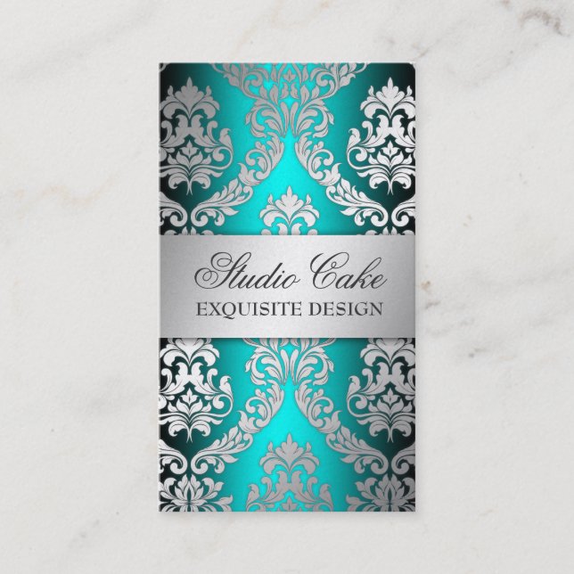 311 Alonnah Damask Island Aqua Green Metallic Business Card (Front)