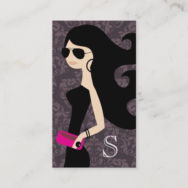 311 Aviator Fashionista Brunette Hot Pink Damask Business Card (Front)