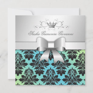 311-Blackberry Damask Bow  Turquoise Lime Sweet 16 Invitation