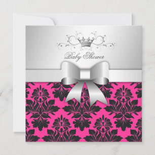 311-Blackberry Pink Damask Bow Baby Shower Invitation