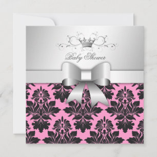 311-Blackberry Sweet Pink Damask Bow   Baby Shower Invitation