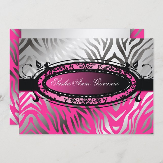 311-C'est Luxueux | Hot  Pink Zebra | Sweet 16 Invitation (Front/Back)