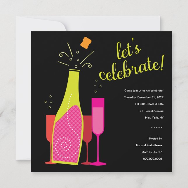 311 Champagne Pop New Years Invite Pink & Black (Front)