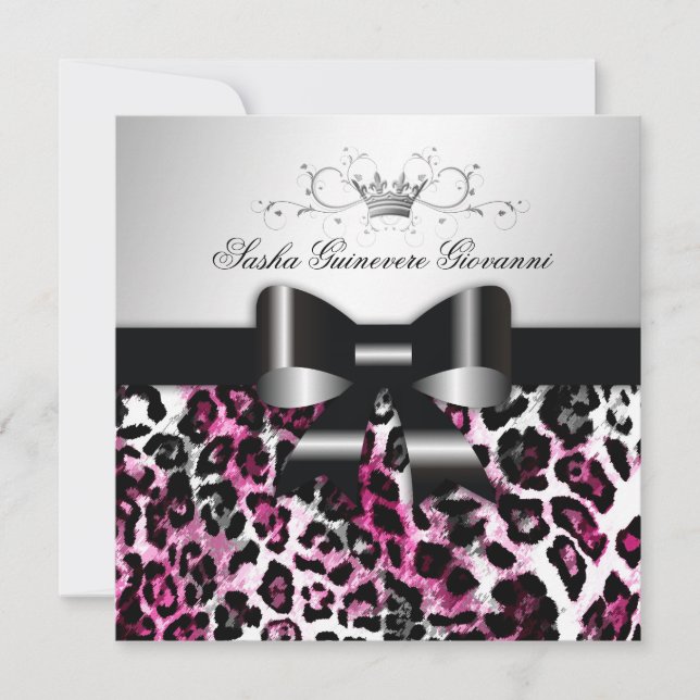 311  Chic Hot Black n Pink Leopard Bow  | Sweet 16 Invitation (Front)