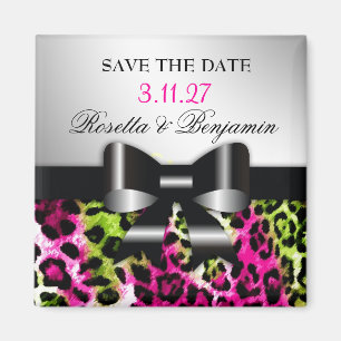 311 Chic Hot Pink Lime Leopard Bow Save the Date Magnet
