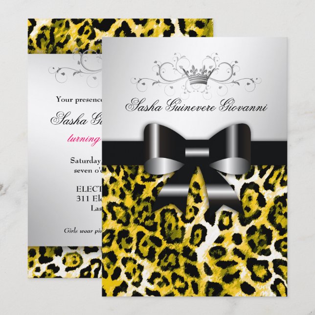 311 Chic Yellow Leopard Bow Metallic Silve Invitation (Front/Back)