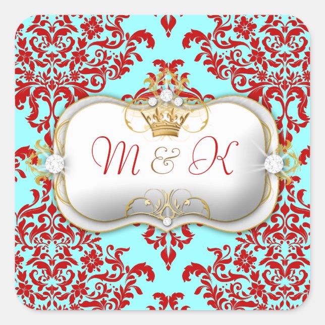 311 Ciao Bella & Lovey Dovey Damask Red Turquiose Square Sticker (Front)