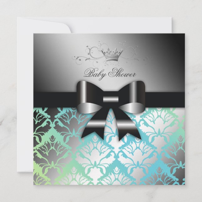 311-Damask Shimmer Black Bow Turq Lime Baby Shower Invitation (Front)