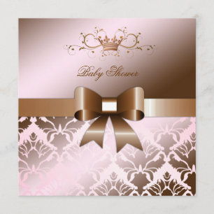 311 Damask Shimmer Bow Brown Pink Baby Shower Invitation