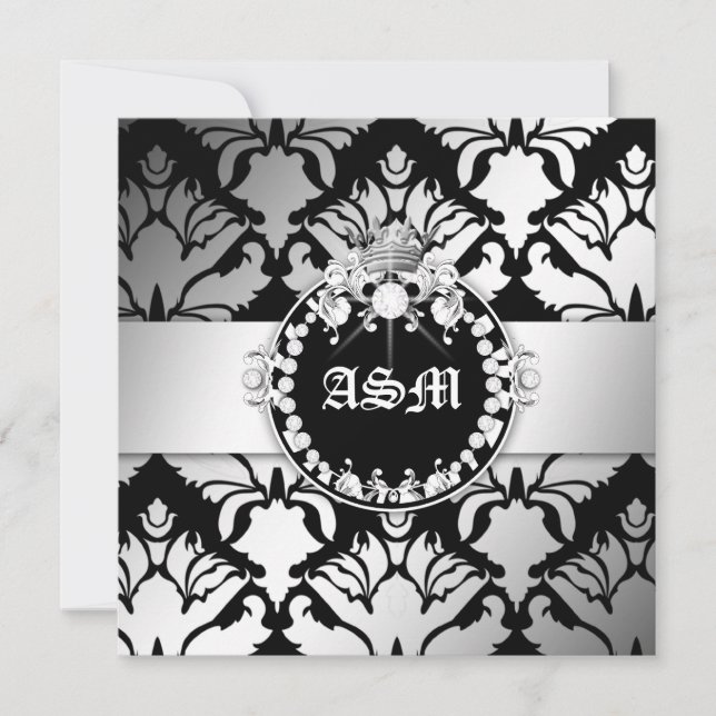 311-Damask Shimmer Queen Sweet Sixteen Black White Invitation (Front)
