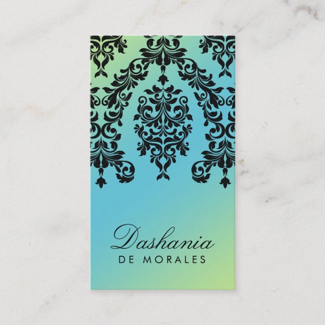 311 Dashing Damask Turquoise Lime Business Card (Front)