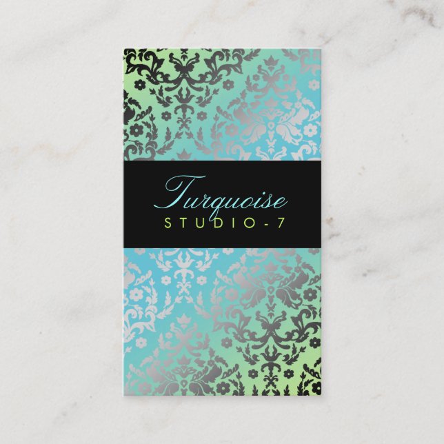 311 Dazzling Damask Turquoise Lime Black Business Card (Front)