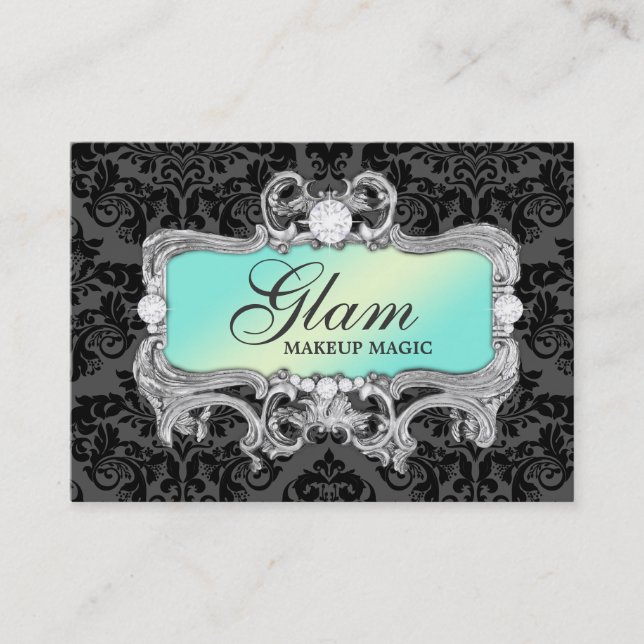 311 Glam Crazy Aqua Black Damask Business Card (Front)