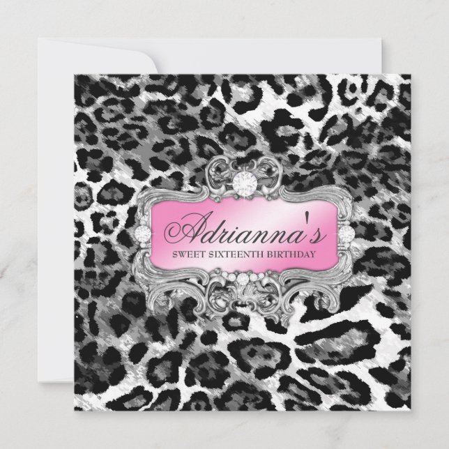 311 Glam Pink Grey Leopard Diamonds Invitation (Front)