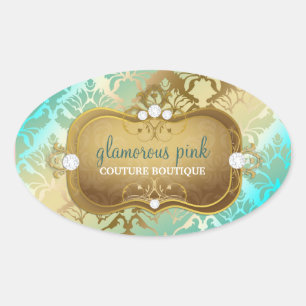 311 Glamourous Golden Ocean Damask Oval Sticker