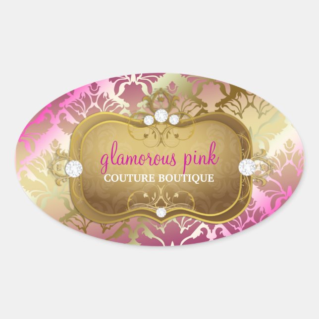311 Glamourous Golden Pink Damask Oval Sticker (Front)