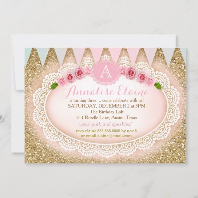 311 Gold Glitter Doily Banner Party Invitation (Front)