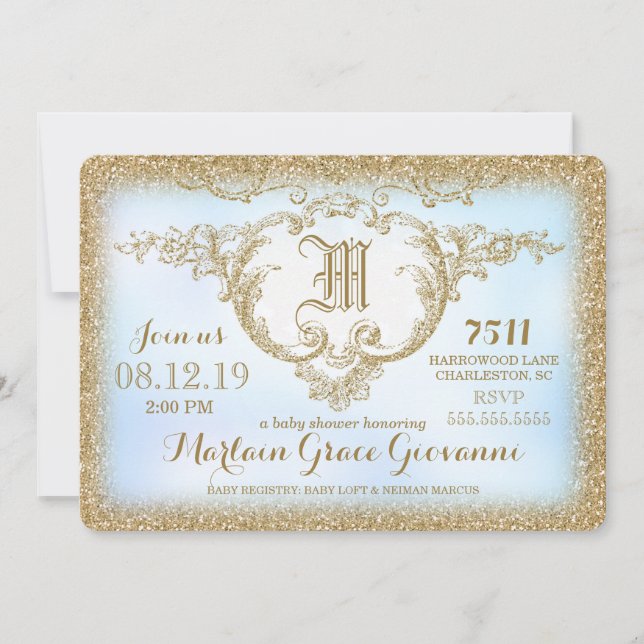 311 Gold Glitter Monogram Baby Boy Shower Invitation (Front)