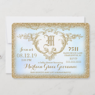 311 Gold Glitter Monogram Baby Boy Shower Invitation