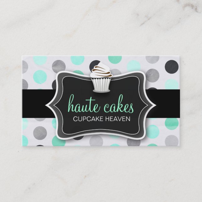 311 Haute Cupcakes Pink Polka Dots Mint Business Card (Front)