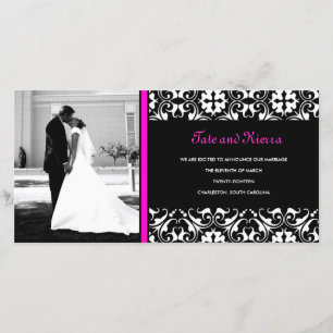 311-HOT PINK DAMASK WEDDING PHOTO CARD