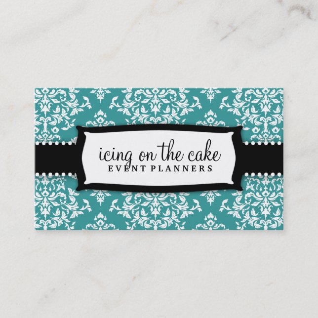 311 Icing on the Cake Teal White Damask Business Card (Front)