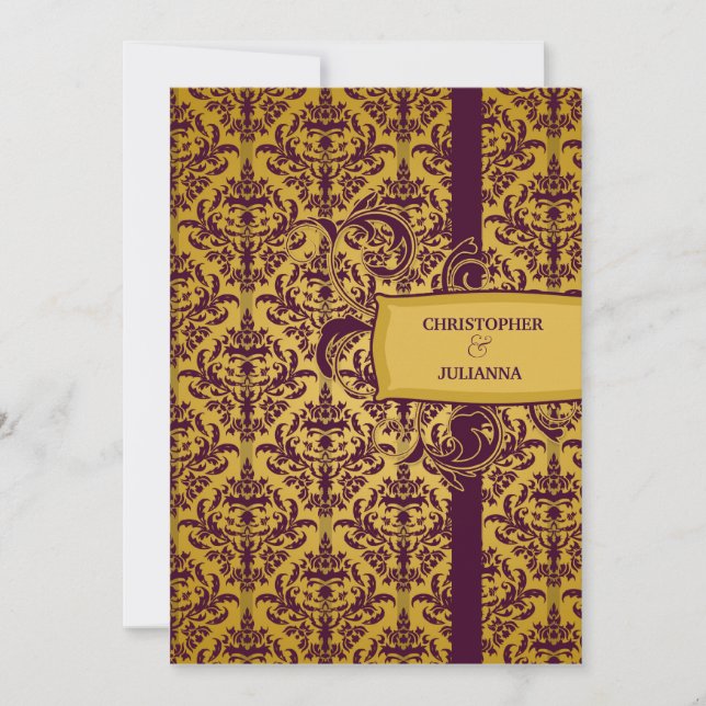 311-Julianna Eggplant & Mustard Damask Invitation (Front)