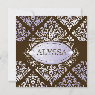 311-Luxuriously Lilac N Brown Damask Sweet 16 Invitation