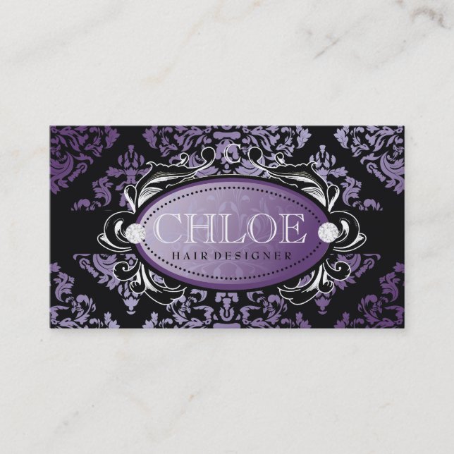 311-Luxuriously Purple Damask Monogram Business Card (Front)