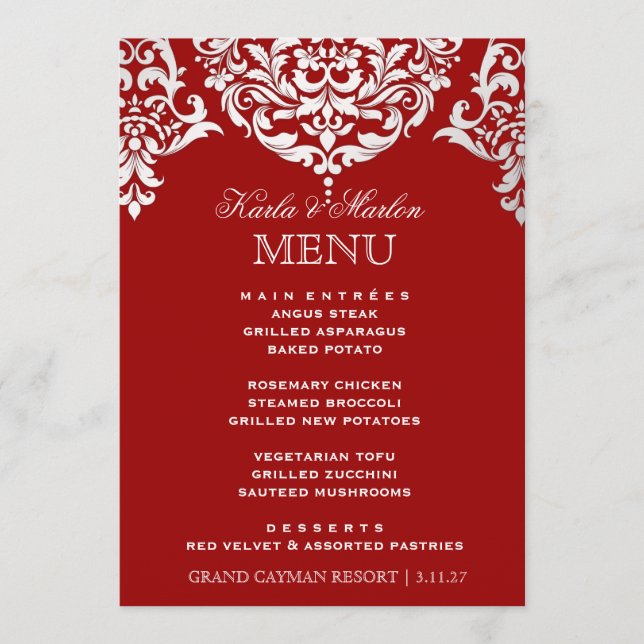 311 Mon Cherie Damask Red & Faux Silver Menu (Front)