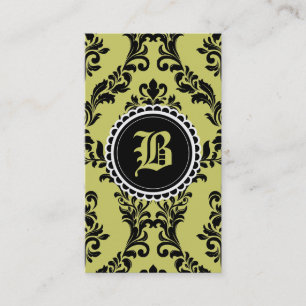 311 Moss Green Black Damask Monogram Flower Business Card