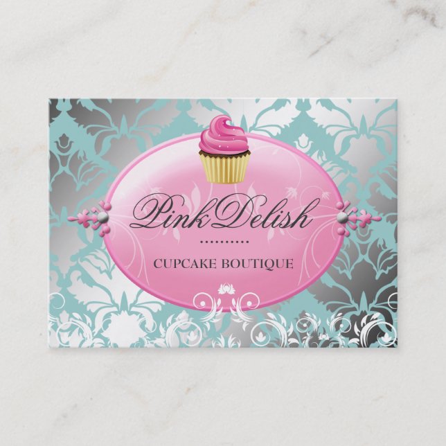 311 Pink Delish Cupcake Teal Cooking Utensils Business Card (Front)
