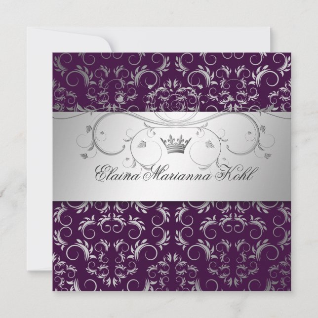 311-Silver Divine | Eggplant Sweet 16 Invitation (Front)