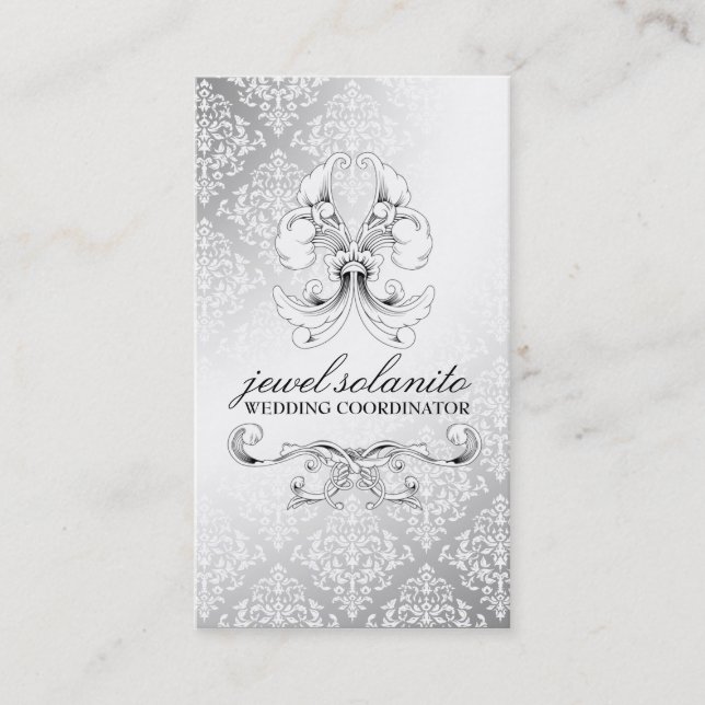 311-Silver Luxe Elegance Damask Business Card (Front)