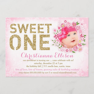 311 Sweet One First Birthday Floral Wreath Photo Invitation
