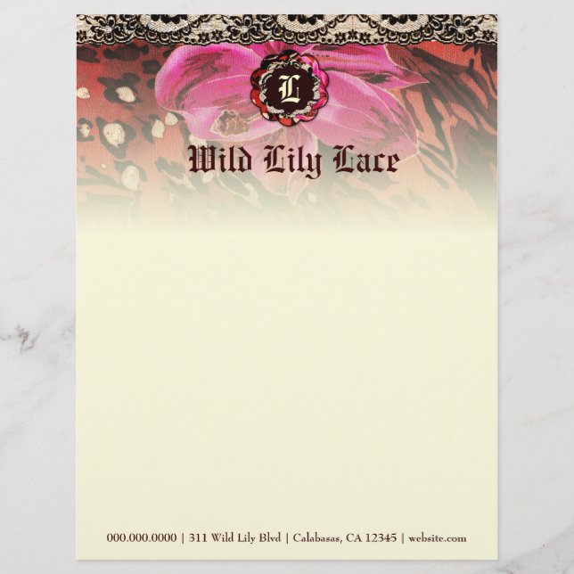 311-Wild Lily Pink Lace Monogram Customised Letterhead (Front)