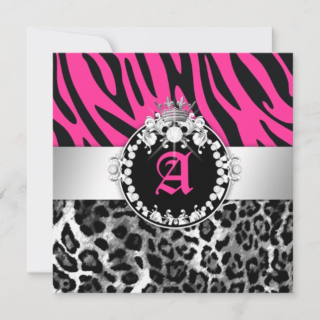 311 Zebra Leo Tique Diamonds n' Kisses Sweet 16 Invitation (Front)