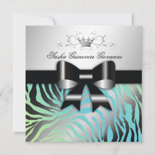 311-Zebra Shimmer Black Turquoise Lime Sweet 16 Invitation