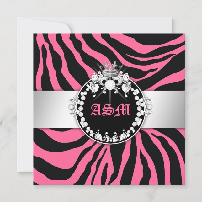 311-Zebra-Tique Diamonds n' Kisses Sweet 16 Pink Invitation (Front)