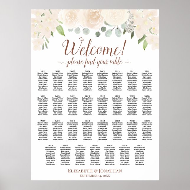 31 Table Pale Peach Roses Wedding Seating Chart (Front)
