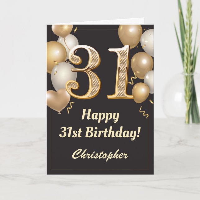 31st Birthday Black and Gold Balloons Confetti Card (Front)