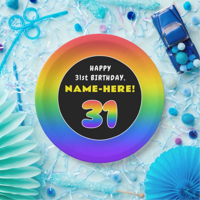 31st Birthday: Colorful Rainbow # 31, Custom Name Paper Plate (Party)