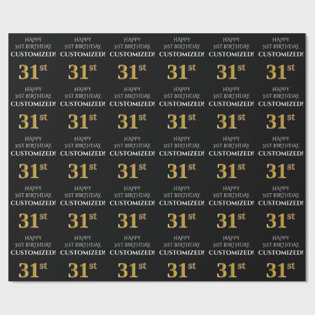 31st Birthday: Elegant, Black, Faux Gold Look Wrapping Paper (Flat)