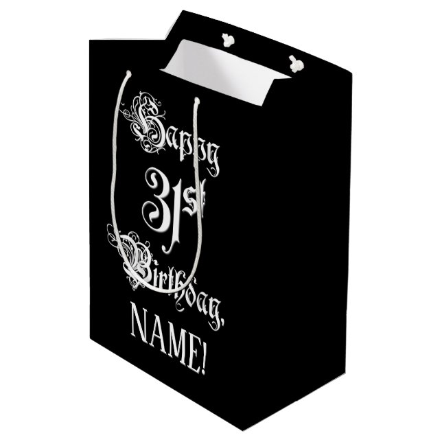 31st Birthday: Fancy, Elegant Script + Custom Name Medium Gift Bag (Back Angled)