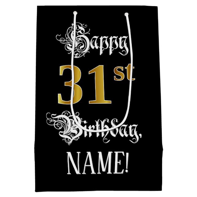31st Birthday ~ Fancy Script; Faux Gold Look; Name Medium Gift Bag (Back)